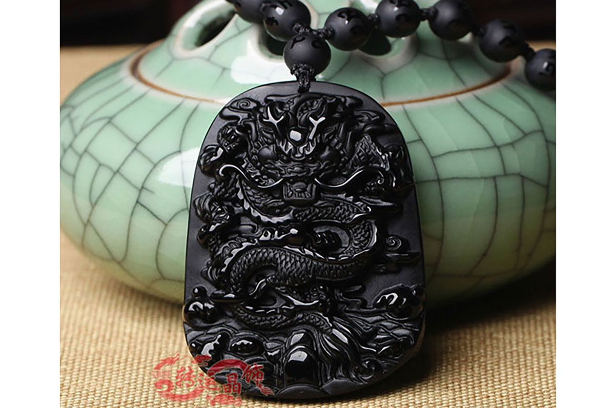Obsidian Necklace, Dragon Engraving - 8 mm Pearls - DragonSports.eu