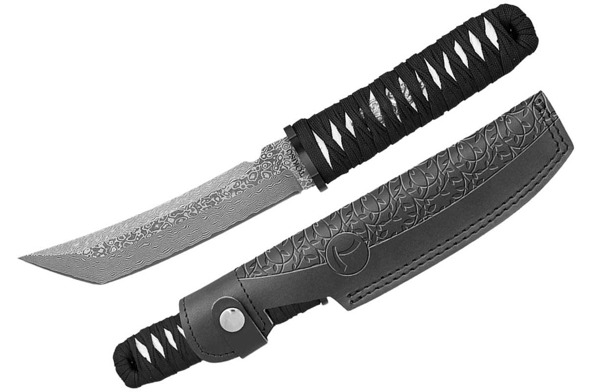 Tanto Blade Knife, Black Braid - Damascus Steel, Tokisu